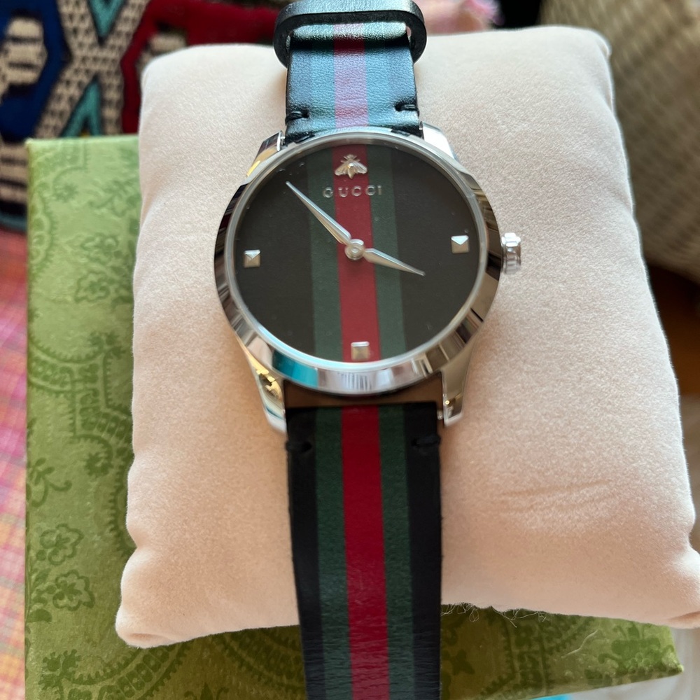 Gucci Silver Watch with Black and Red-Green Stripes